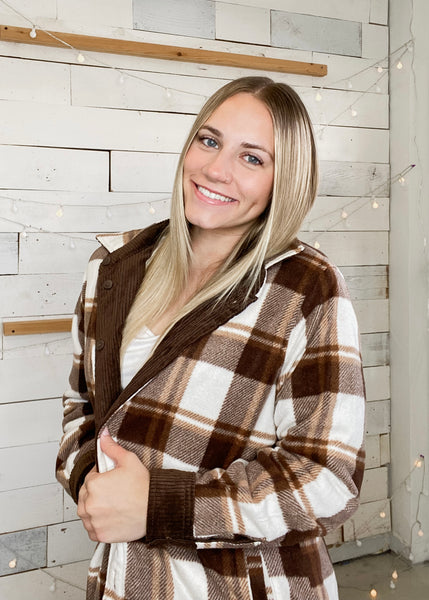 Reversible Corduroy Flannel Plaid Shacket in Brown