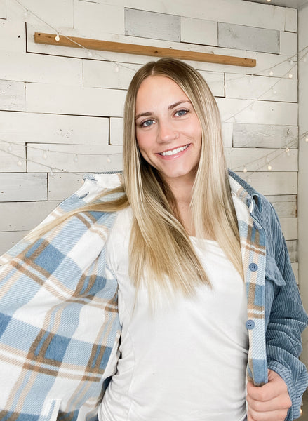 Reversible Corduroy Flannel Plaid Shacket in Blue Stone