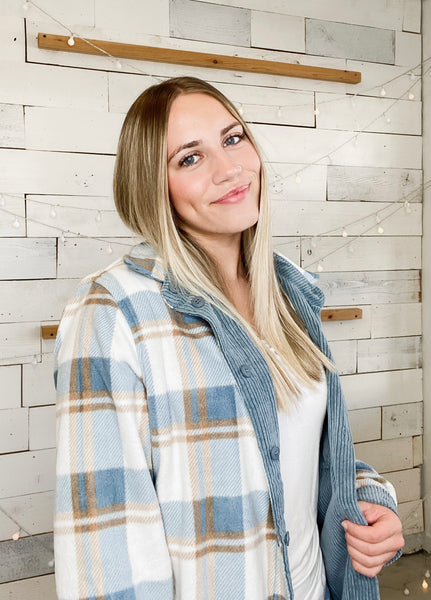 Reversible Corduroy Flannel Plaid Shacket in Blue Stone