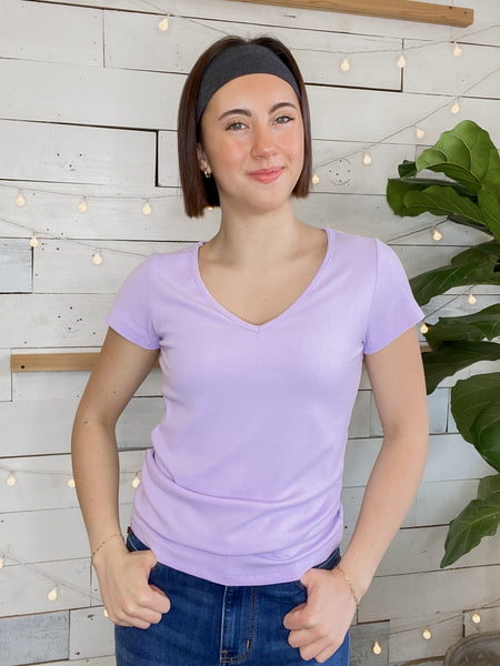 Hold Tight V-Neck Tee in Lavender