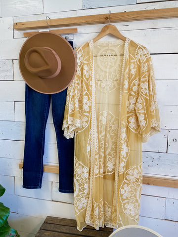 Longline Lace Kimono in Mustard