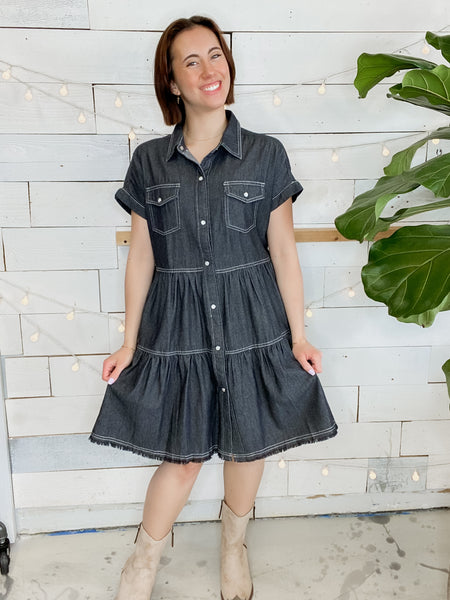 Tiered Denim Babydoll in Charcoal