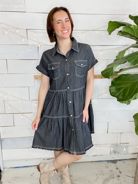 Tiered Denim Babydoll in Charcoal