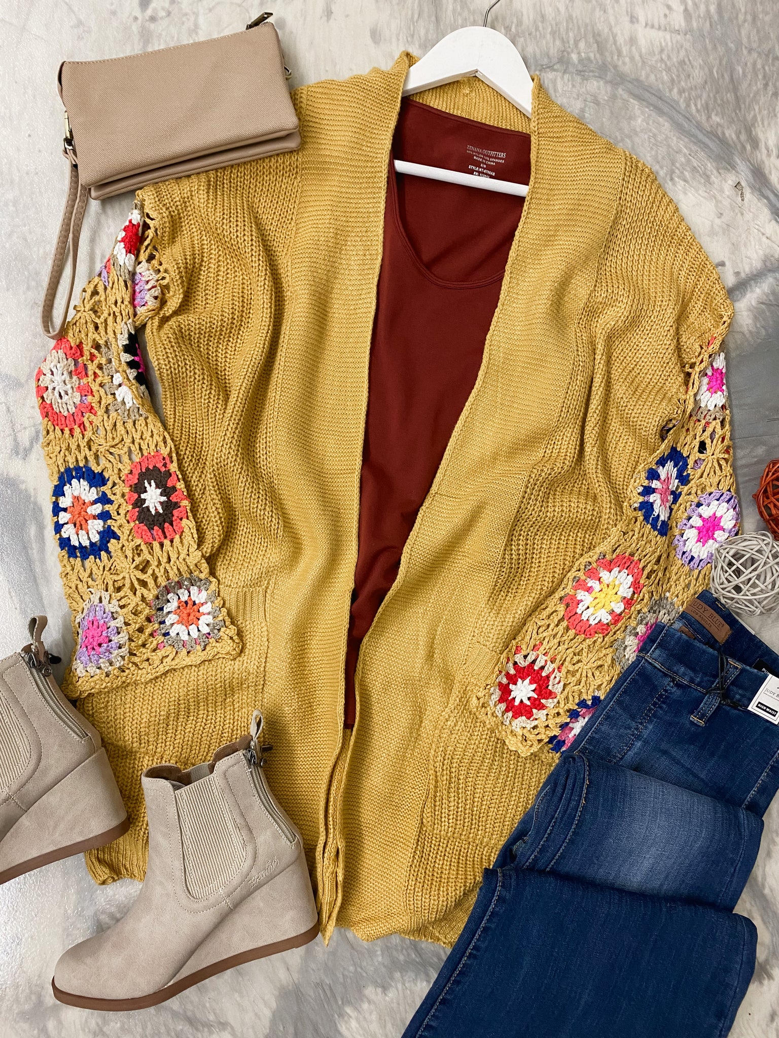 Crochet Sleeve Cardigan Mustard