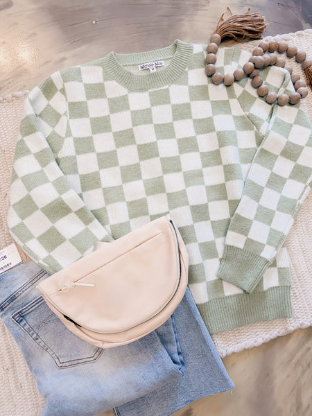Michelle Mae Checkered Sweater Sage and White