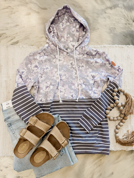 Michelle Mae Hailey Pullover Hoodie Vintage Grey Floral and Stripes