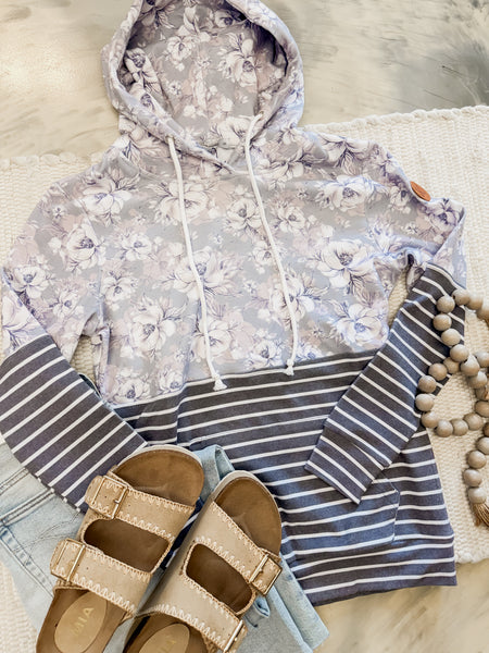 Michelle Mae Hailey Pullover Hoodie Vintage Grey Floral and Stripes