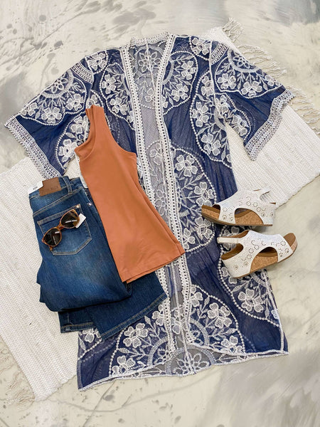 Longline Lace Kimono in Navy