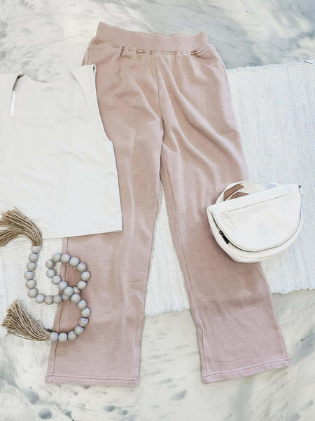 Michelle Mae Wide Leg Vintage Wash Bottoms in Tan