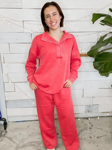 Michelle Mae Wide Leg Vintage Wash Bottoms in Red