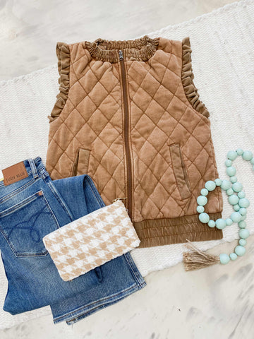 Quilted Ruffle Vest in Brown
