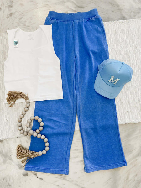 Michelle Mae Wide Leg Vintage Wash Bottoms in Winter Blue