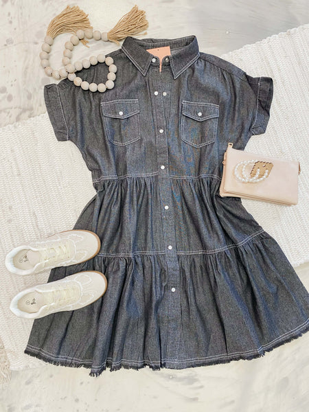 Tiered Denim Babydoll in Charcoal