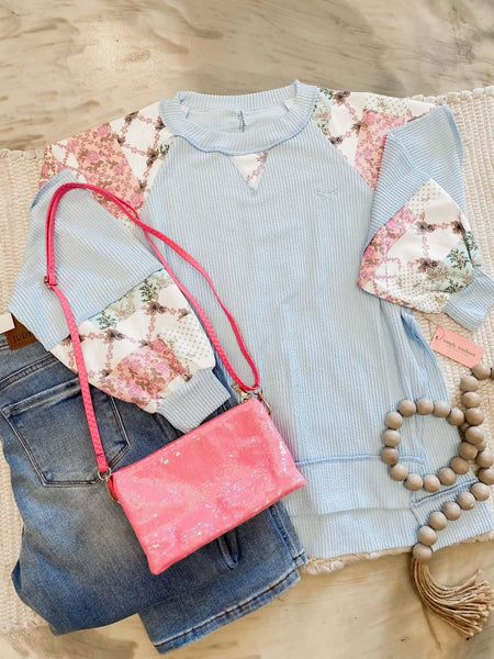 Blue Floral Patchwork Crew
