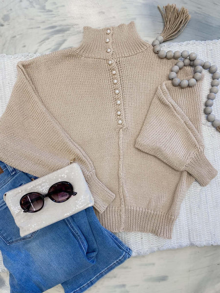 POL Pearl Buttoned Taupe Sweater