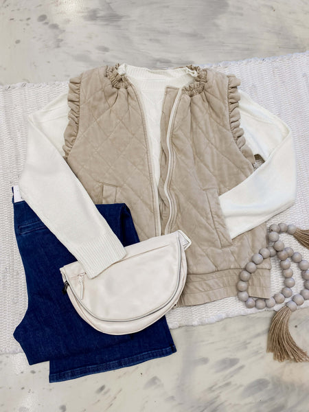 Quilted Ruffle Vest in Beige