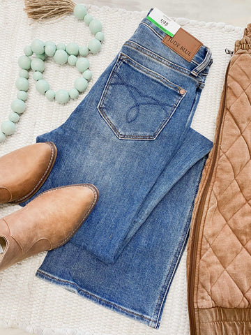 Judy Blue HW Tummy Control Embroidered Bootcut Long Inseam