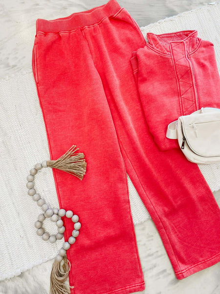 Michelle Mae Wide Leg Vintage Wash Bottoms in Red