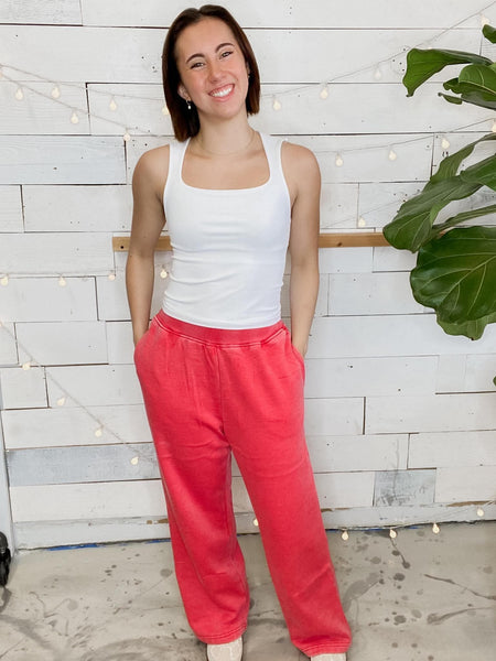 Michelle Mae Wide Leg Vintage Wash Bottoms in Red