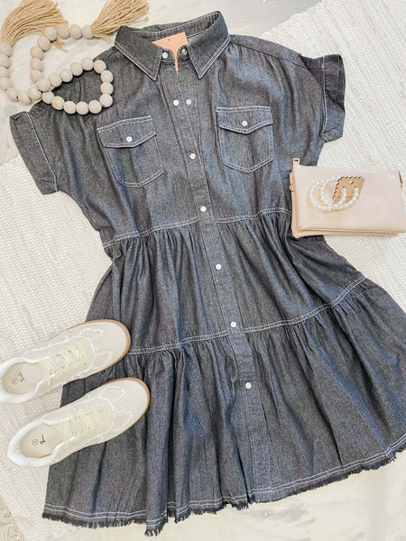 Tiered Denim Babydoll in Charcoal