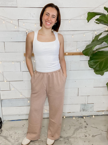 Michelle Mae Wide Leg Vintage Wash Bottoms in Tan