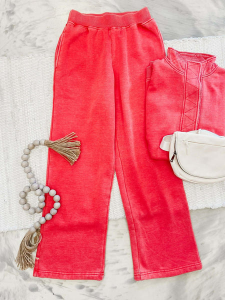 Michelle Mae Wide Leg Vintage Wash Bottoms in Red