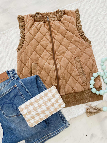 Quilted Ruffle Vest in Brown