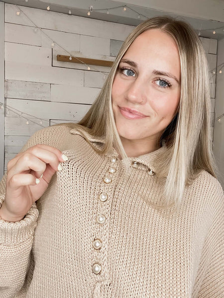 POL Pearl Buttoned Taupe Sweater
