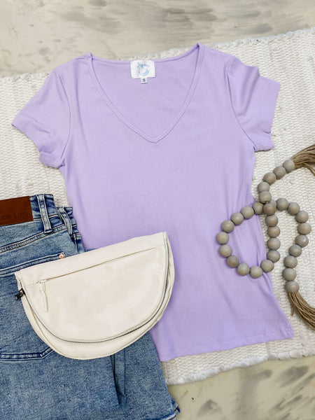 Hold Tight V-Neck Tee in Lavender