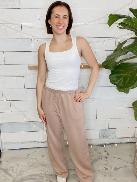Michelle Mae Wide Leg Vintage Wash Bottoms in Tan
