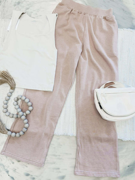 Michelle Mae Wide Leg Vintage Wash Bottoms in Tan