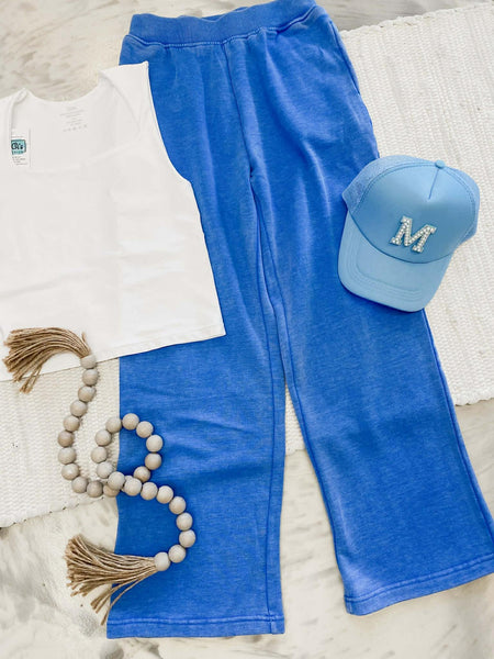 Michelle Mae Wide Leg Vintage Wash Bottoms in Winter Blue