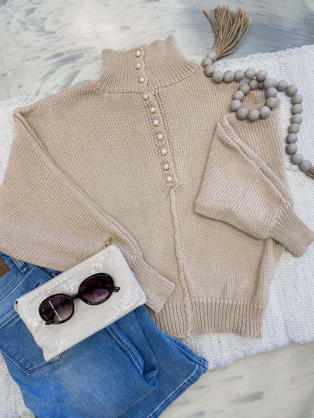 POL Pearl Buttoned Taupe Sweater