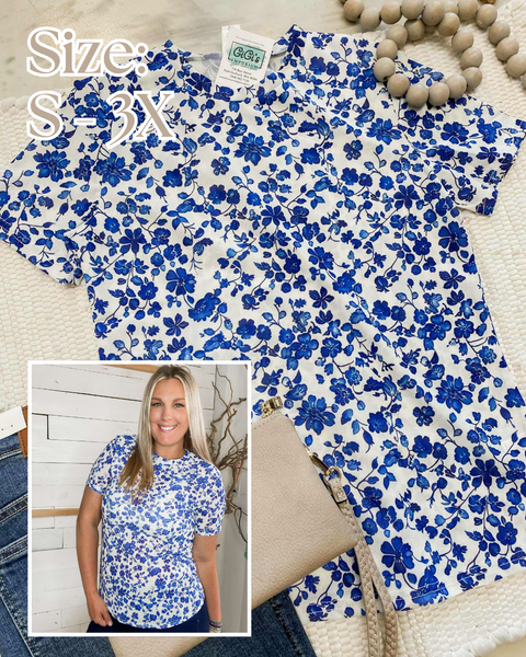 Blue Floral Mesh Top