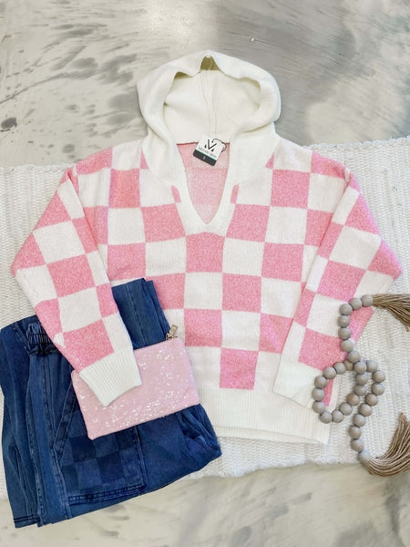 Michelle Mae Checkered Hoodie Pink & White