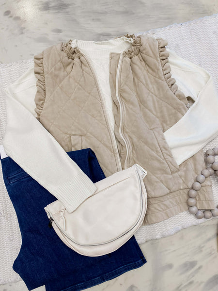 Quilted Ruffle Vest in Beige