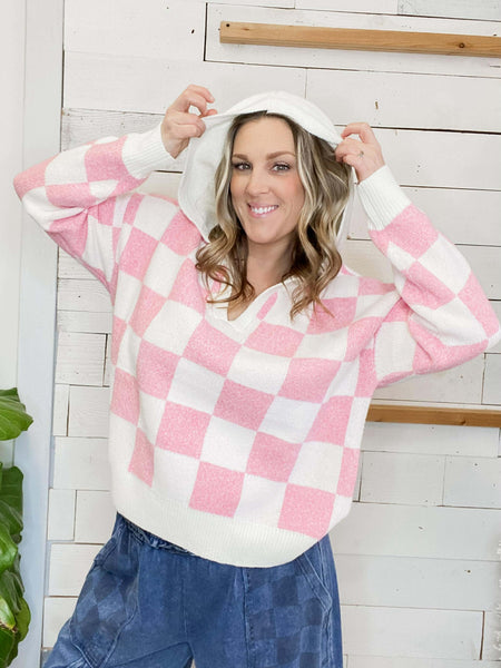 Michelle Mae Checkered Hoodie Pink & White