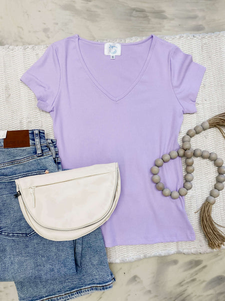 Hold Tight V-Neck Tee in Lavender