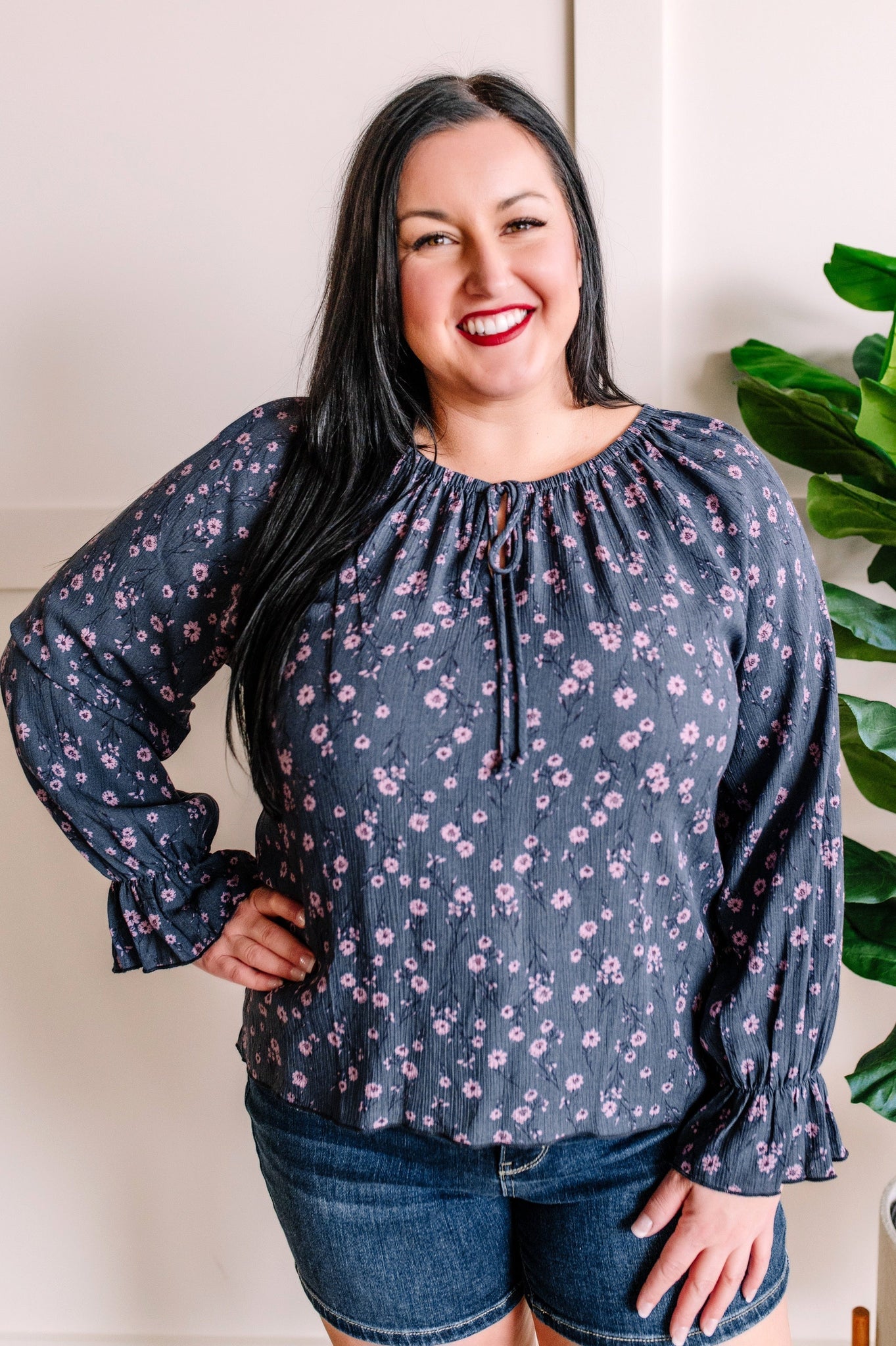 Ditsy Dot Top In Navy & Plum Floral