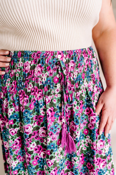 Faux Button Front Skirt In Deep Jewel Tone Florals