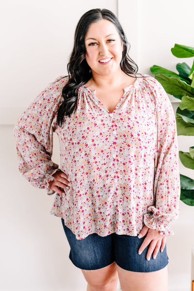 Decorative Button Front Muted Floral Blouse