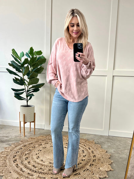 Long Sleeve Heart Knit Top In Soft Rose