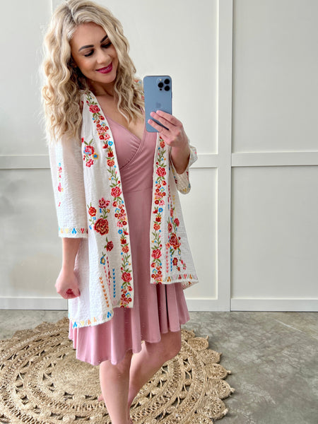 Savanna Jane Open Front Embroidered Cardigan In Cream Floral