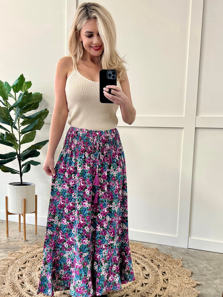 Faux Button Front Skirt In Deep Jewel Tone Florals