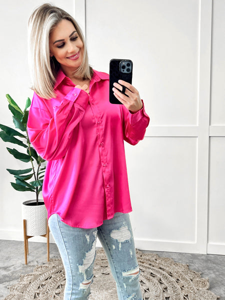 Silky Button Front Blouse In Barbie Pink