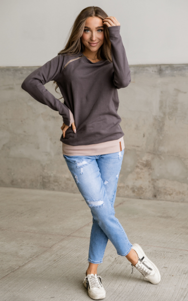 Ampersand Ave Charcoal & Mauve Side Zip Pullover