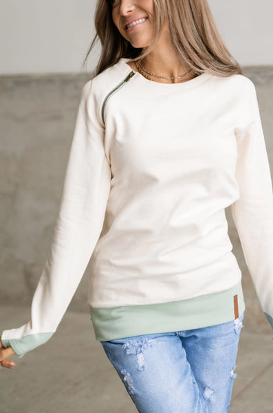 Ampersand Ave Ivory & Mint Side Zip Pullover