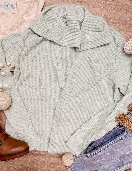 Hooded Waffle Cardigan Sage