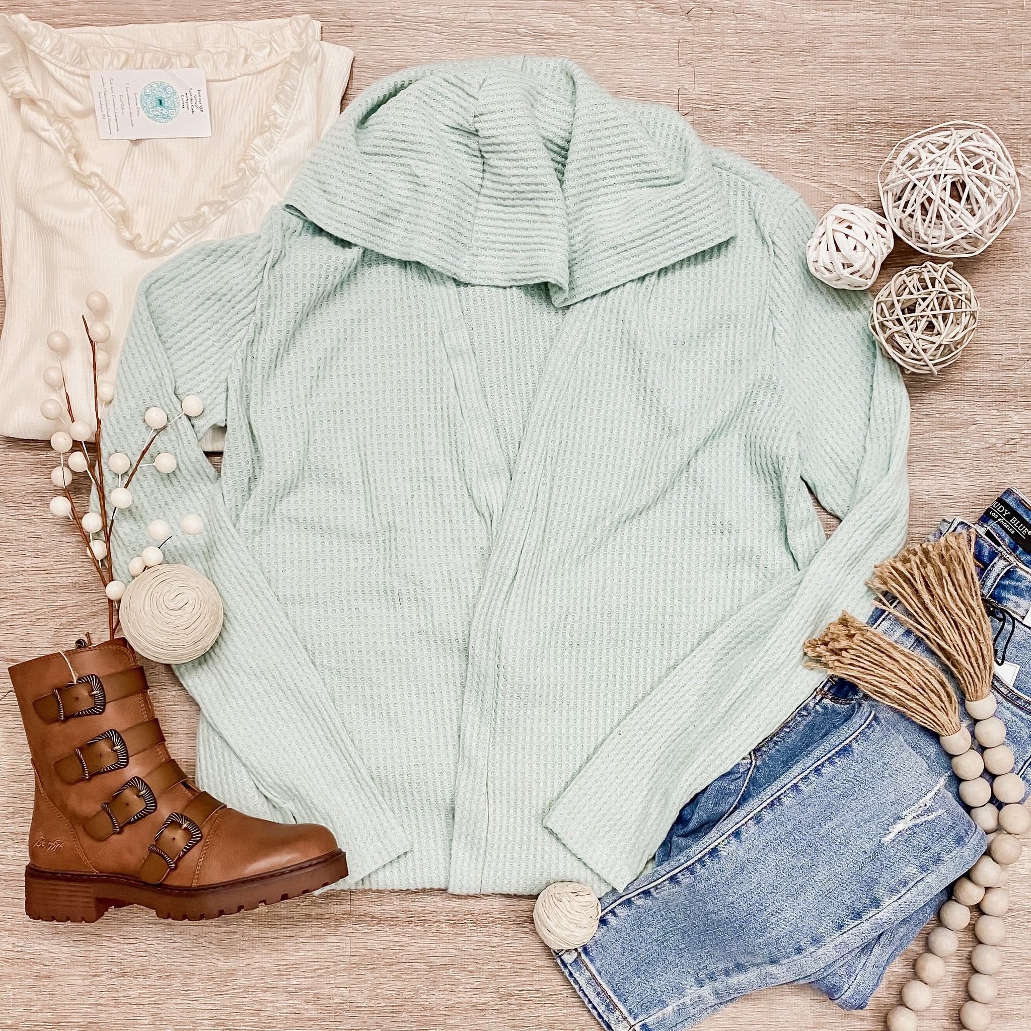 Hooded Waffle Cardigan Sage