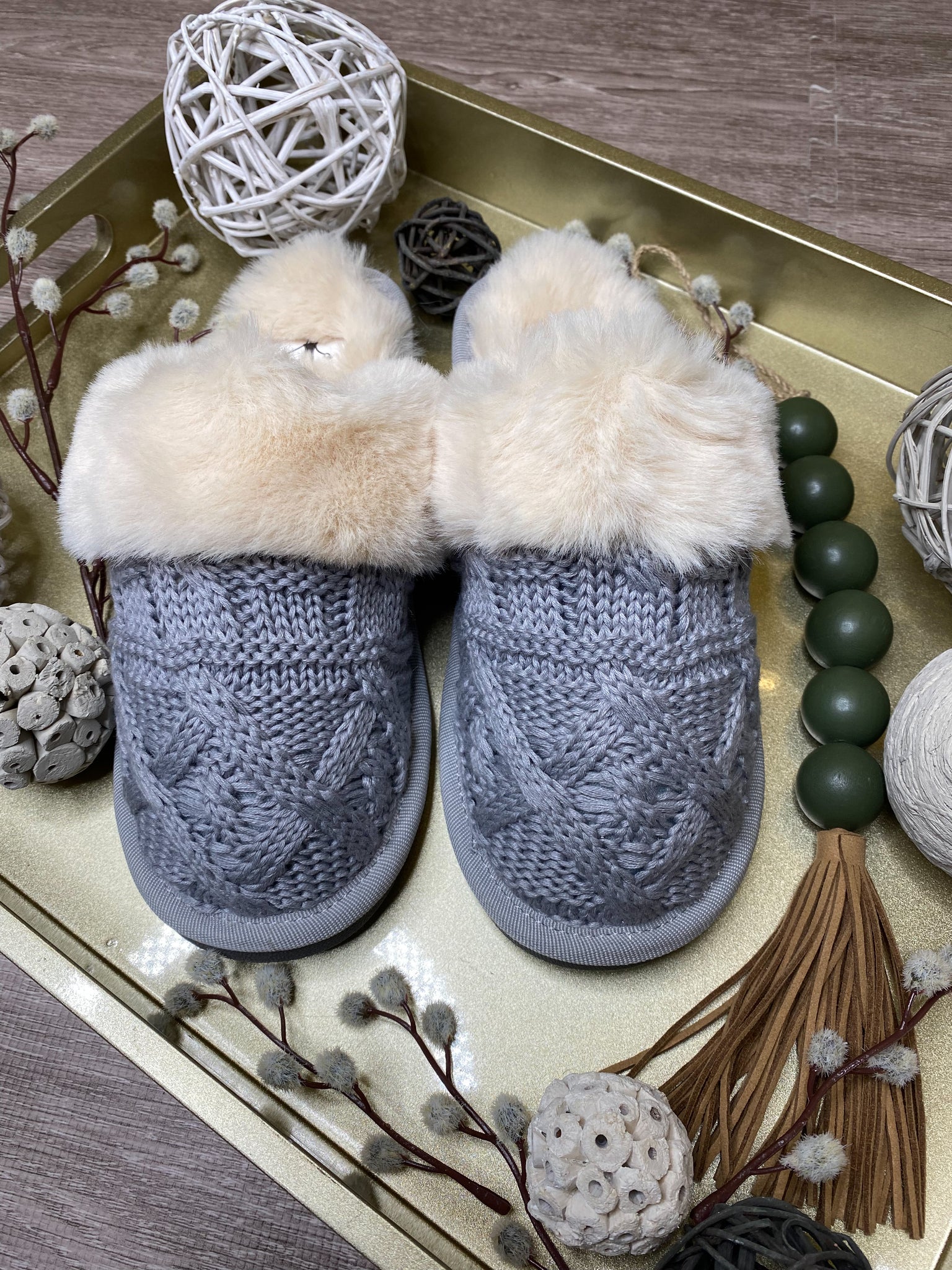 Corky Cable Knit Slipper in Grey